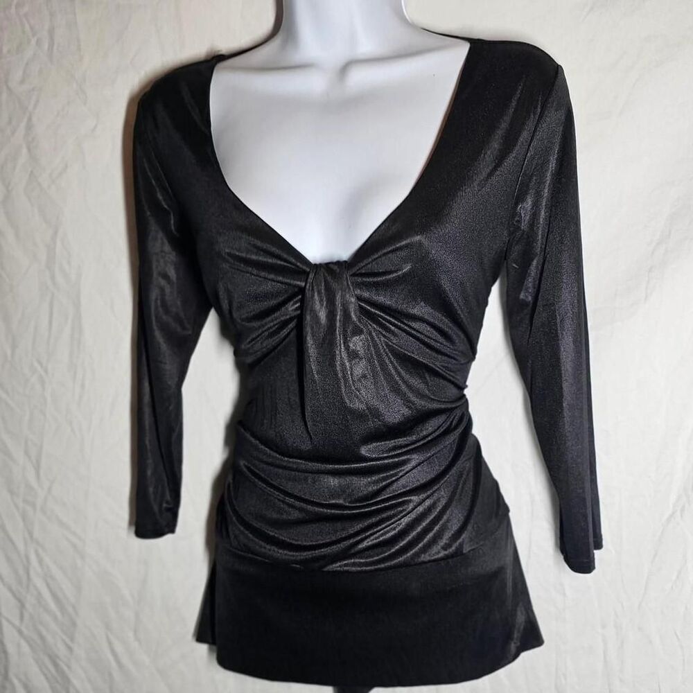 Black v neck satin reflective type gothic 3/4 sleeve top